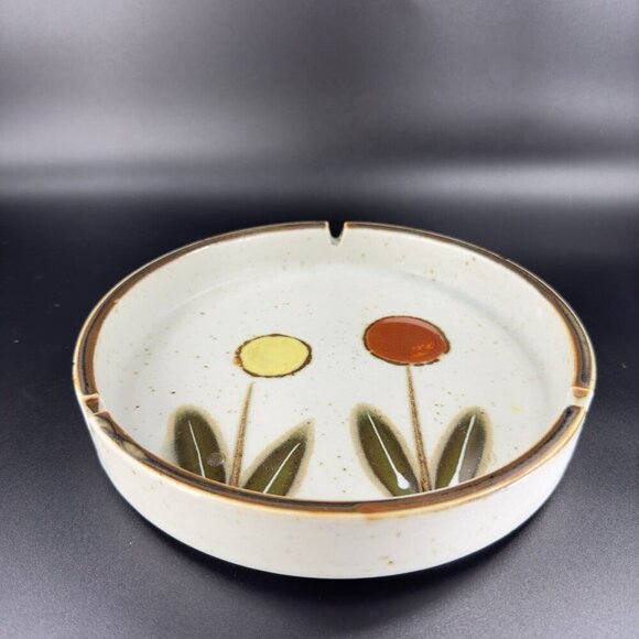Vintage Japanese Pottery Round Speckled Ashtray Dish Bowl Abstract Flowers Vtg - Picture 9 of 15